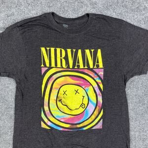 Nirvana T-Shirt Mens L Charcoal Graphic Band Tee Colorful Smiley Rock Grunge